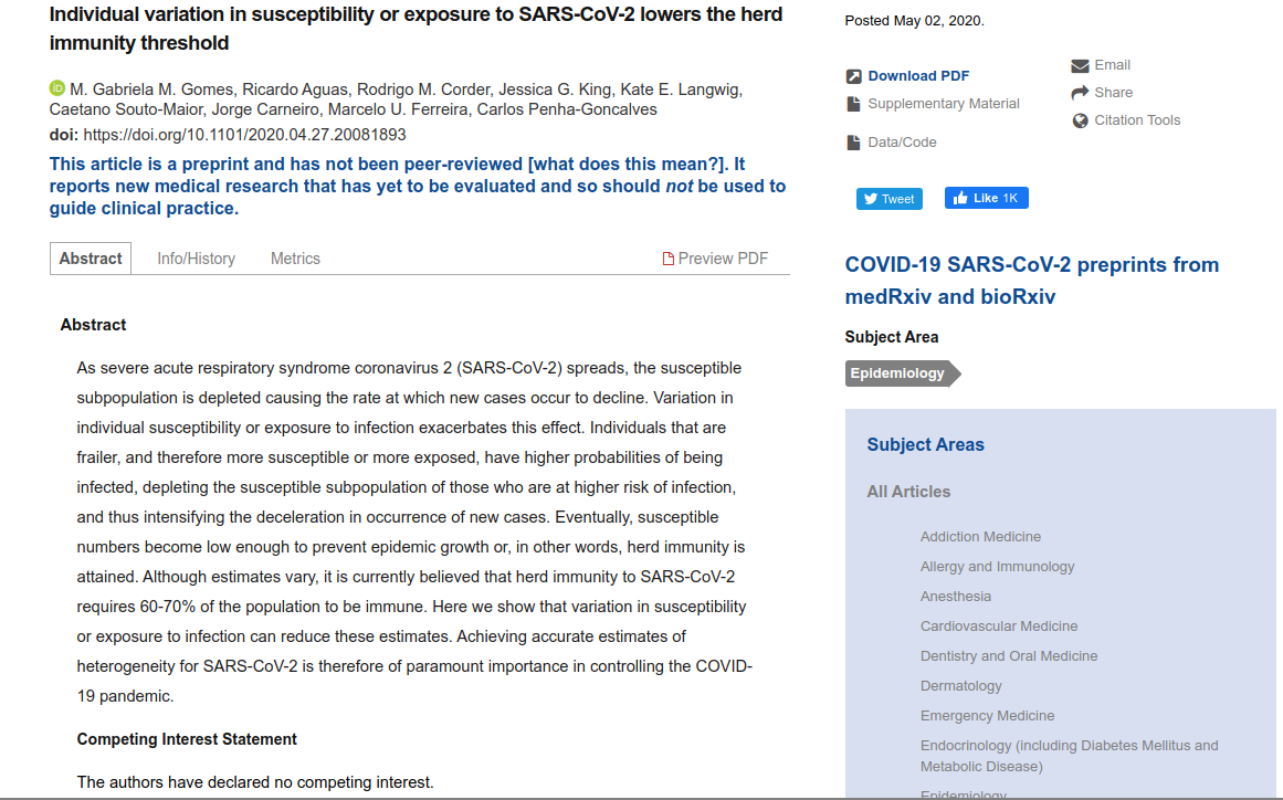 Individual variation in susceptibility or exposure to SARS-CoV-2 lowers the herd immunity threshold